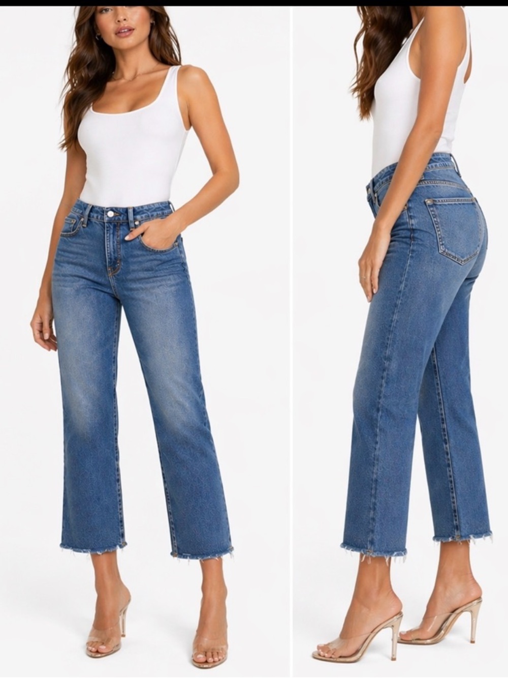 Good American Jeans Size 27 Blue High Rise Straight Leg Raw Hem Denim 4/27‎